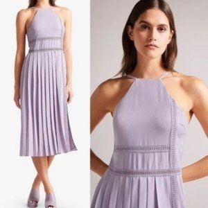 Ted Baker Camylie Lace Insert Asymmetric Pleat Woven Lilac Midi Dress US 6 NWT